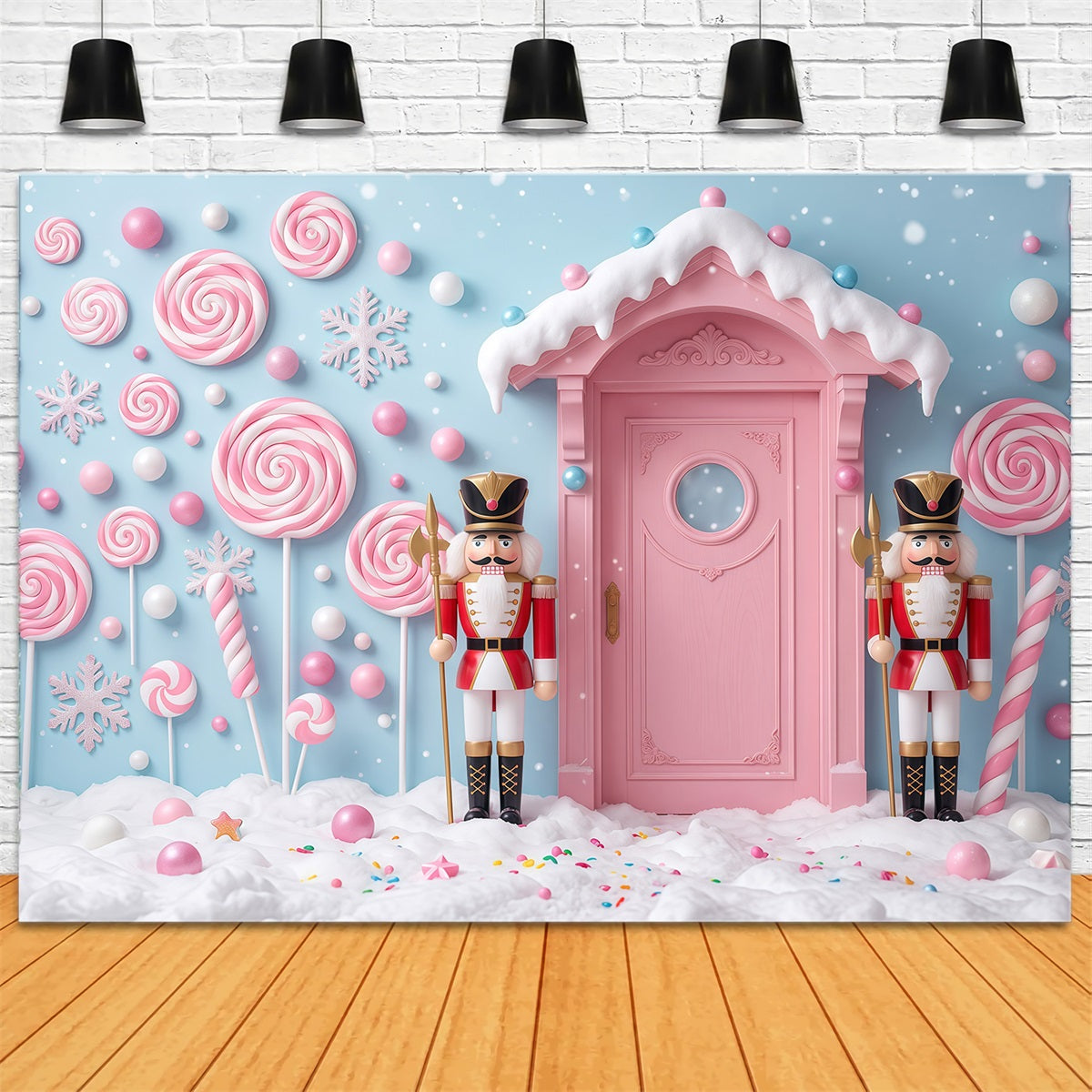 Land Of Sweets Nutcracker Backdrop Pink Candy Door Snow The Nutcracker Backdrop RR610-38