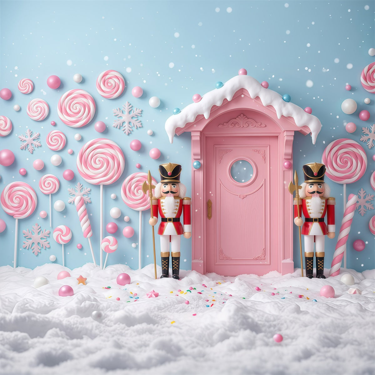 Land Of Sweets Nutcracker Backdrop Pink Candy Door Snow The Nutcracker Backdrop RR610-38