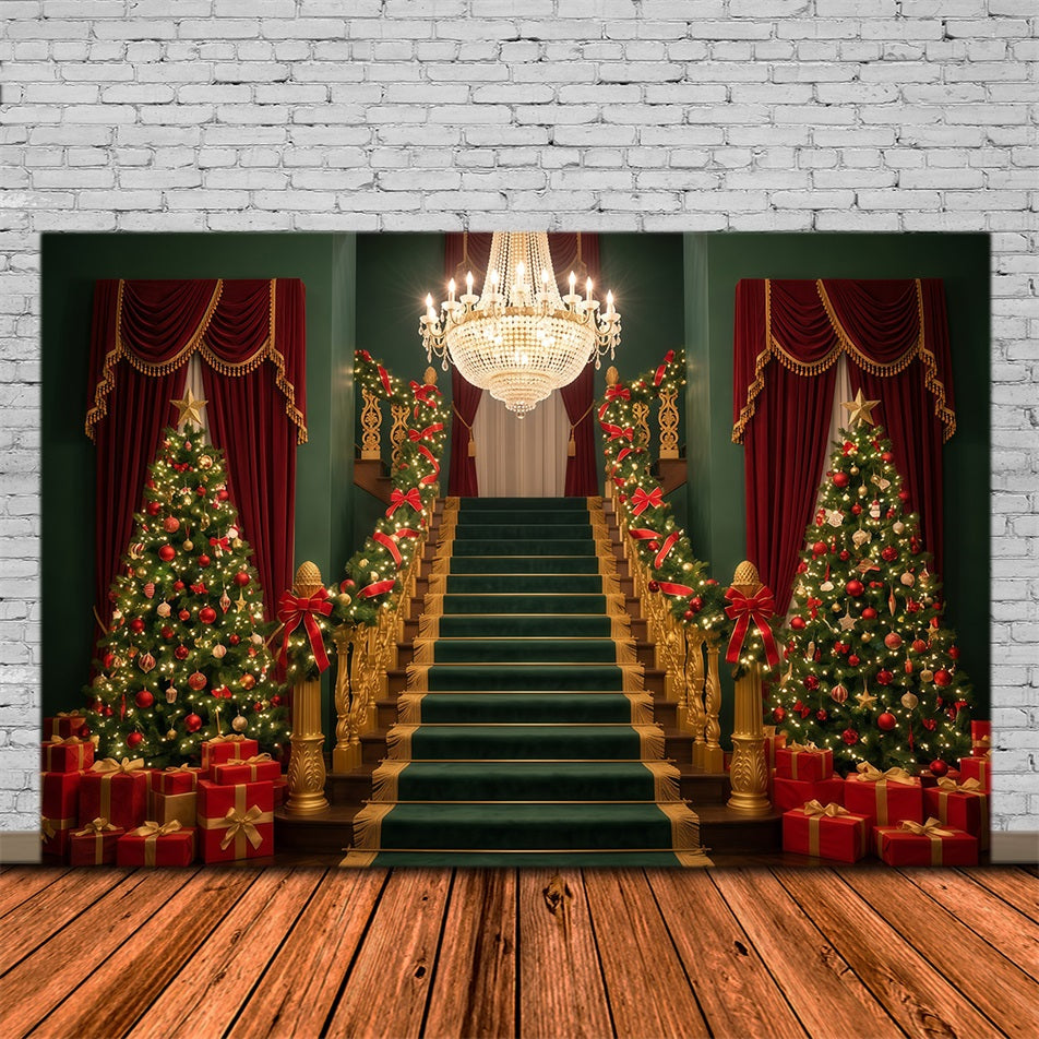 Christmas Staircase Backdrop Grand Chandelier Hall Backdrops For Santa Pictures RR610-40