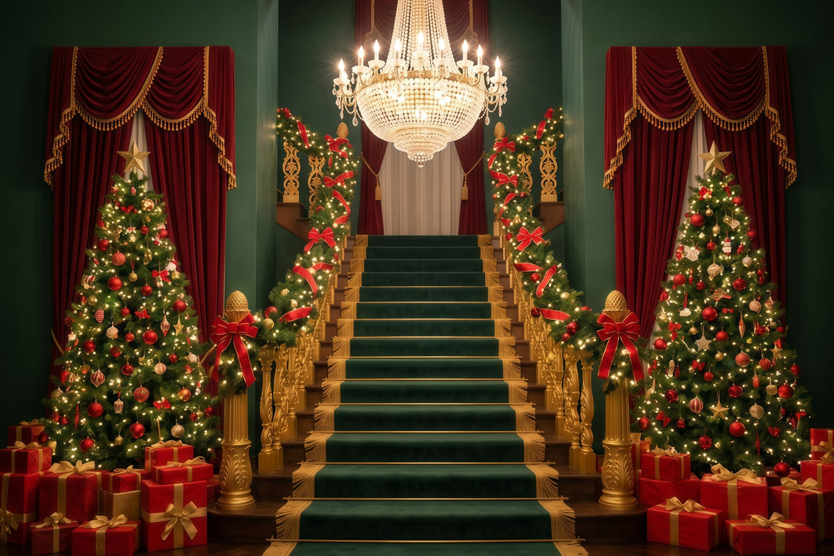 Christmas Staircase Backdrop Grand Chandelier Hall Backdrops For Santa Pictures RR610-40