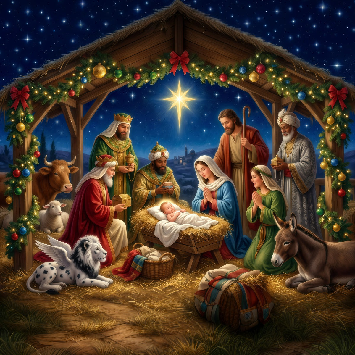 Christmas Backdrop Church Starry Nativity Manger Gathering Nativity Scene Backdrops RR610-45