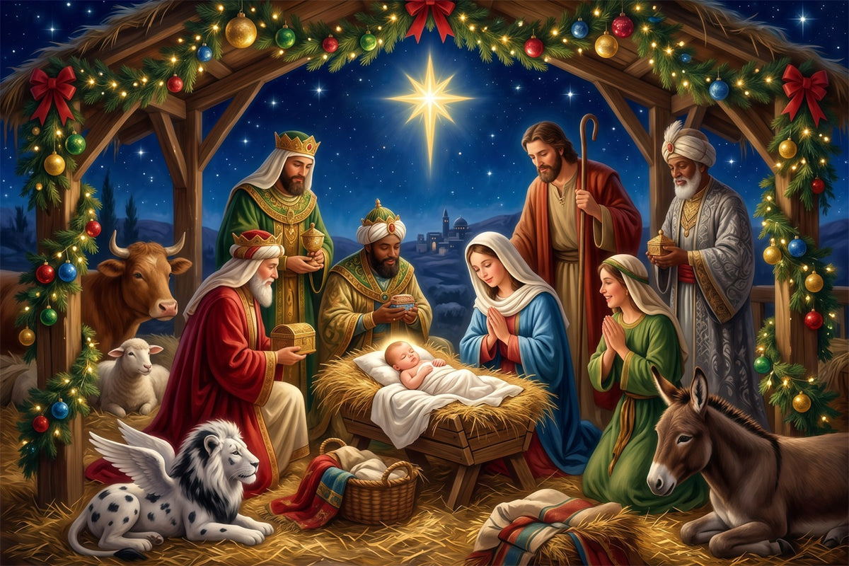 Christmas Backdrop Church Starry Nativity Manger Gathering Nativity Scene Backdrops RR610-45