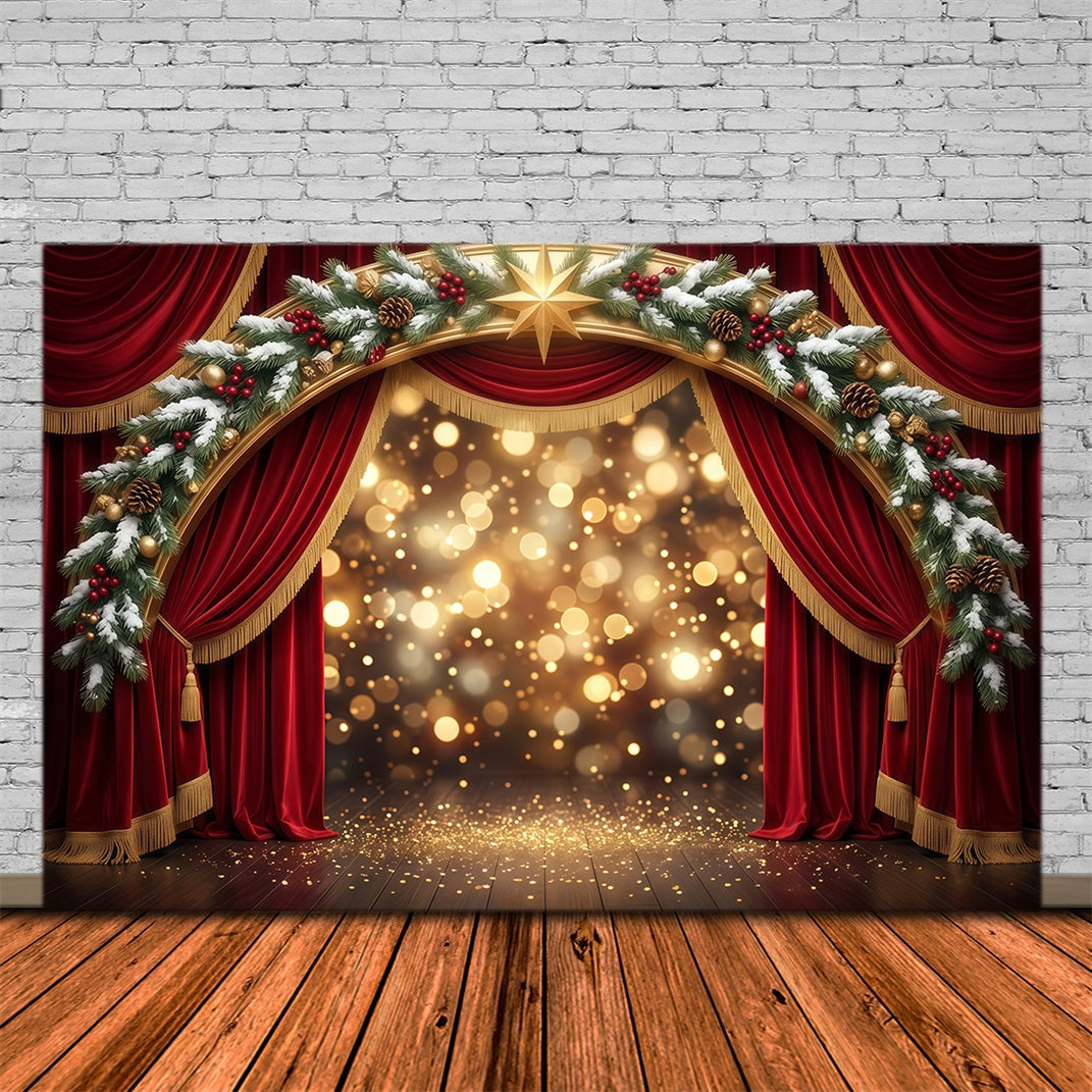 Backdrop Christmas Stage Design Red Velvet Golden Arch Backdrop For Christmas Party RR610-46