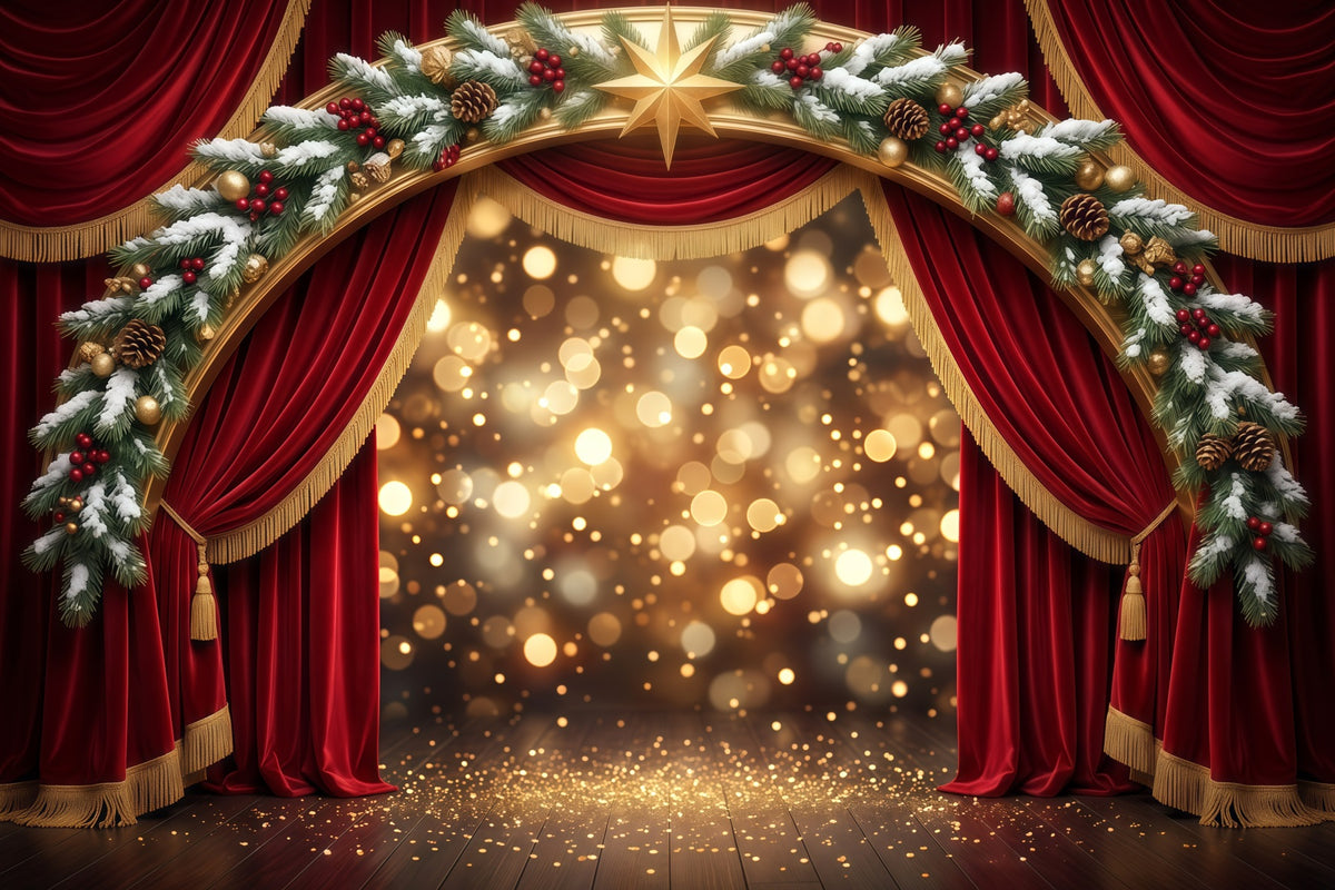 Backdrop Christmas Stage Design Red Velvet Golden Arch Backdrop For Christmas Party RR610-46
