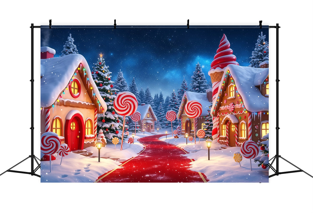 Country Christmas Backdrop Candy Village Snowy Path Christmas Photos Backdrop RR610-47
