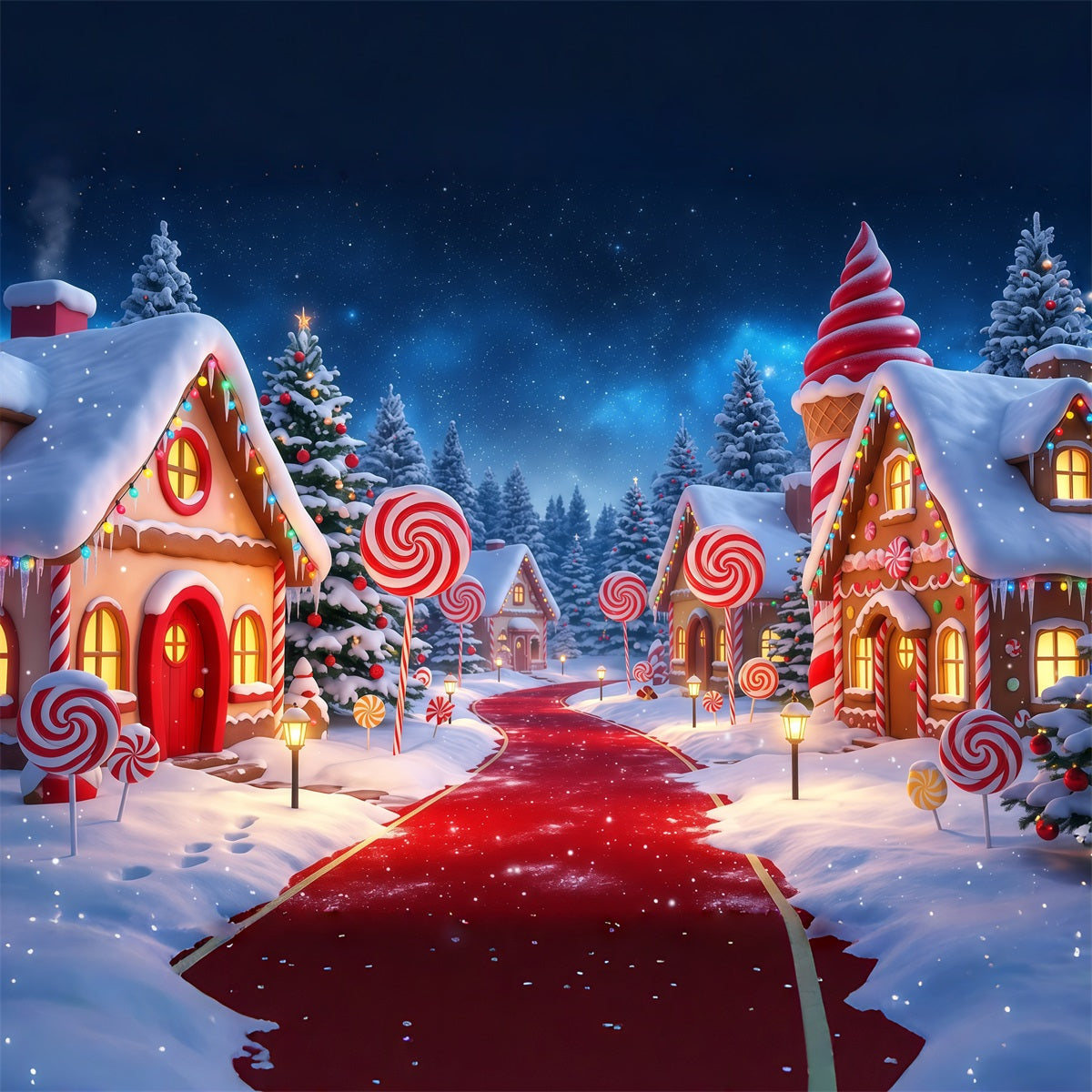 Country Christmas Backdrop Candy Village Snowy Path Christmas Photos Backdrop RR610-47