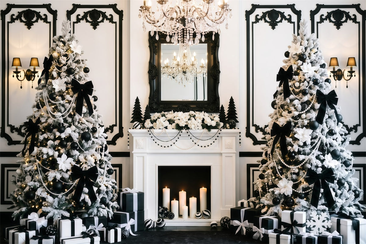 Black And White Christmas Backdrop Elegant Fireplace Tree Purple Christmas Backdrop RR610-49