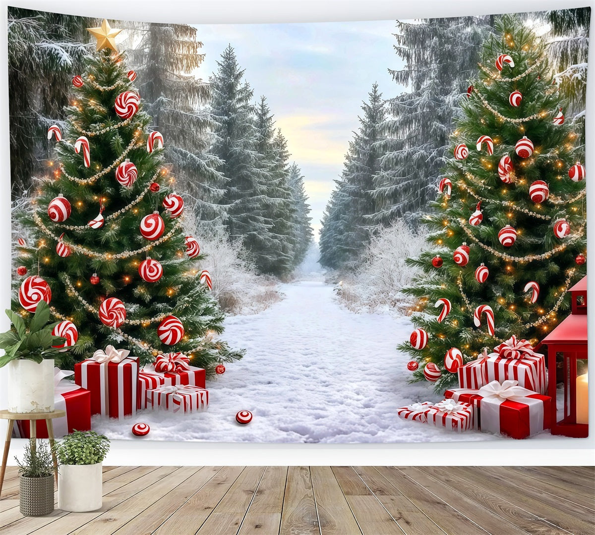Classic Christmas Backdrop Candy Cane Forest Path Xmas Backdrop For Photos RR610-50
