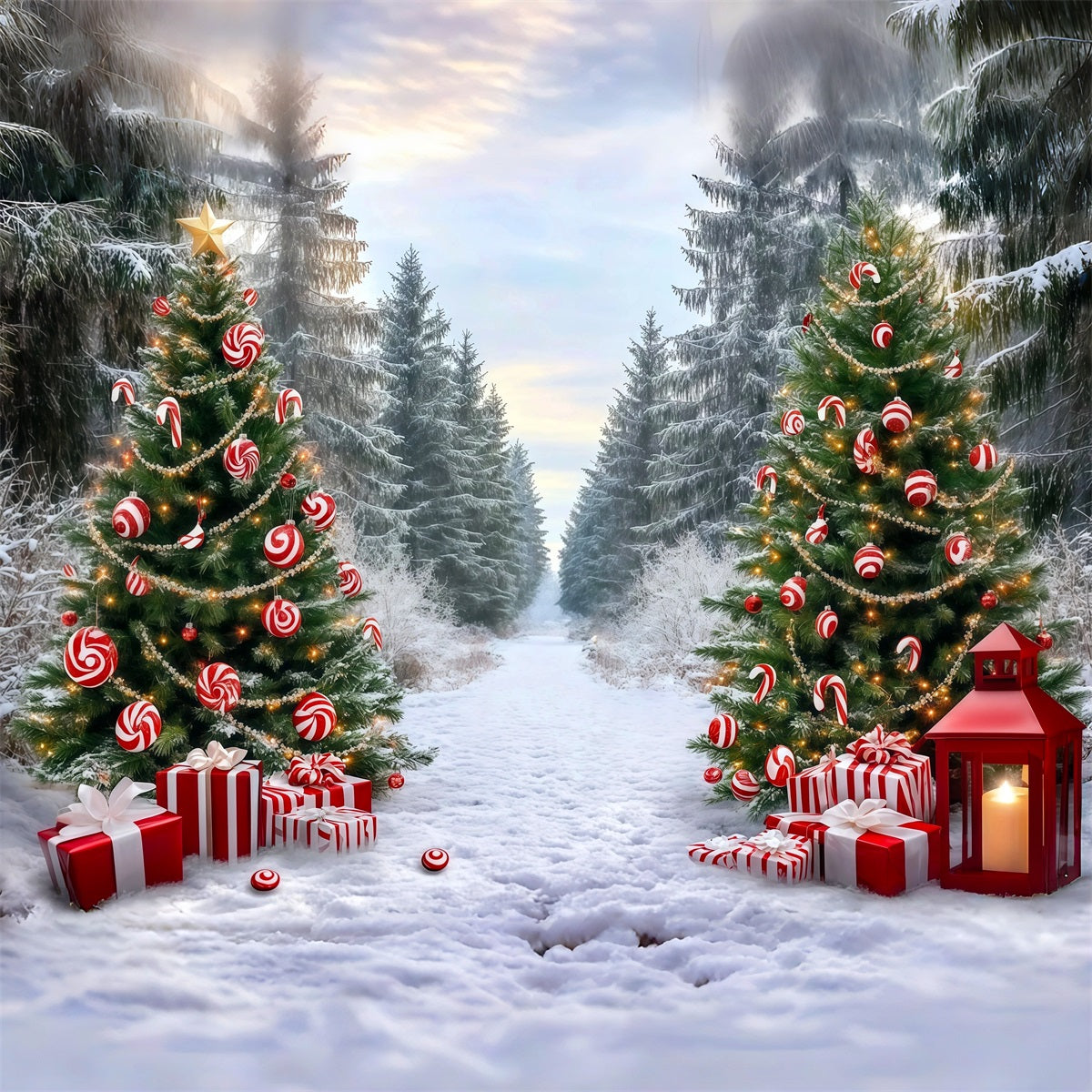 Classic Christmas Backdrop Candy Cane Forest Path Xmas Backdrop For Photos RR610-50