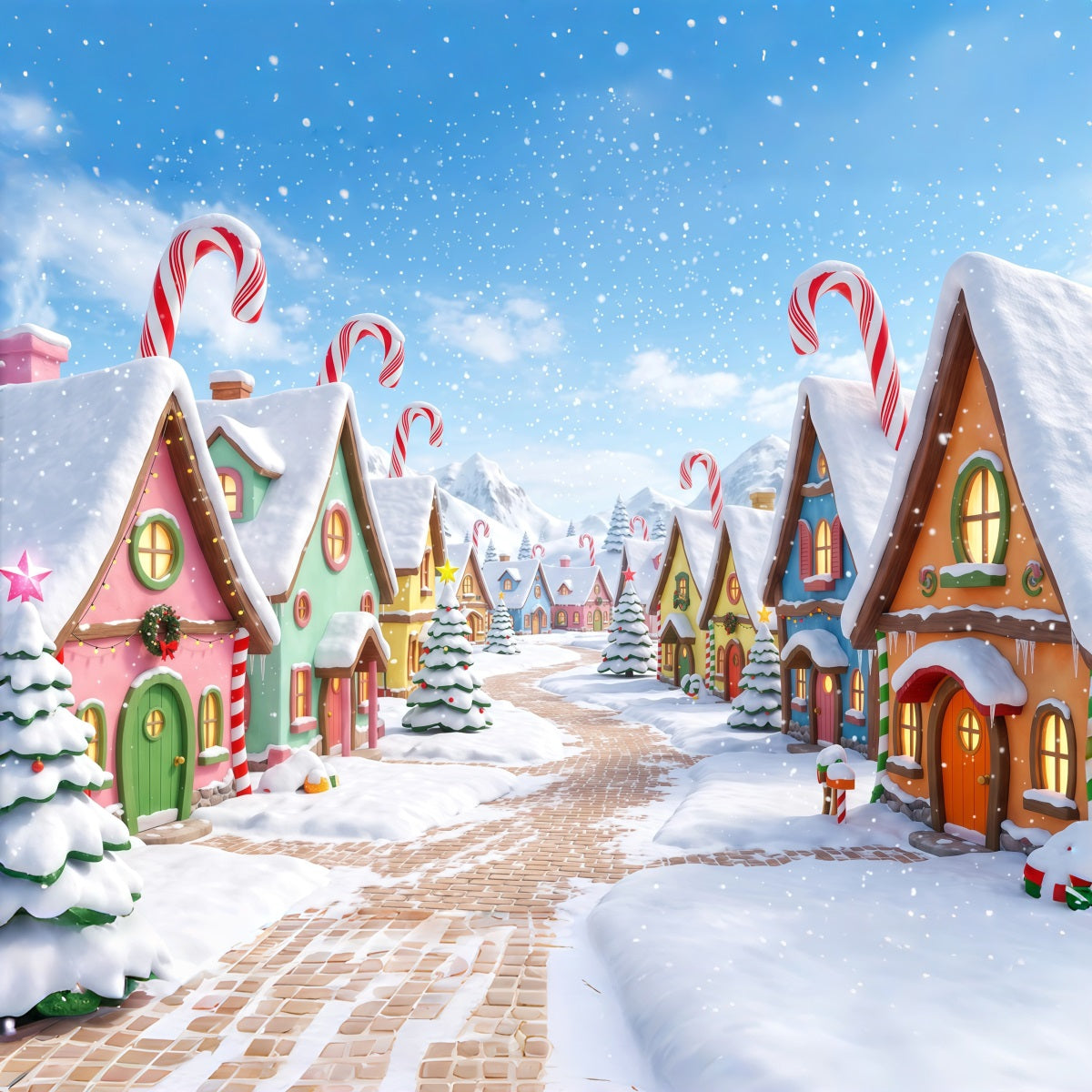 Christmas Village Backdrops Candy Cane Snowy Village Christmas Photo Backdrop RR610-51