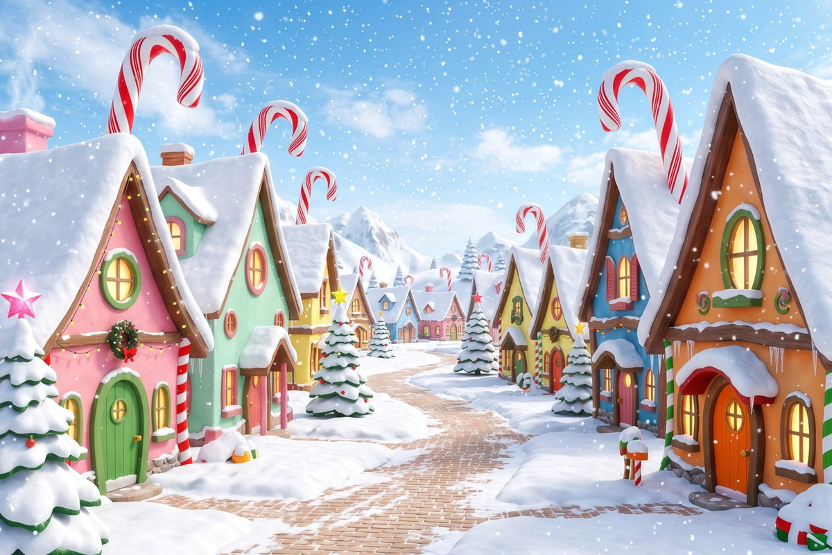 Christmas Village Backdrops Candy Cane Snowy Village Christmas Photo Backdrop RR610-51