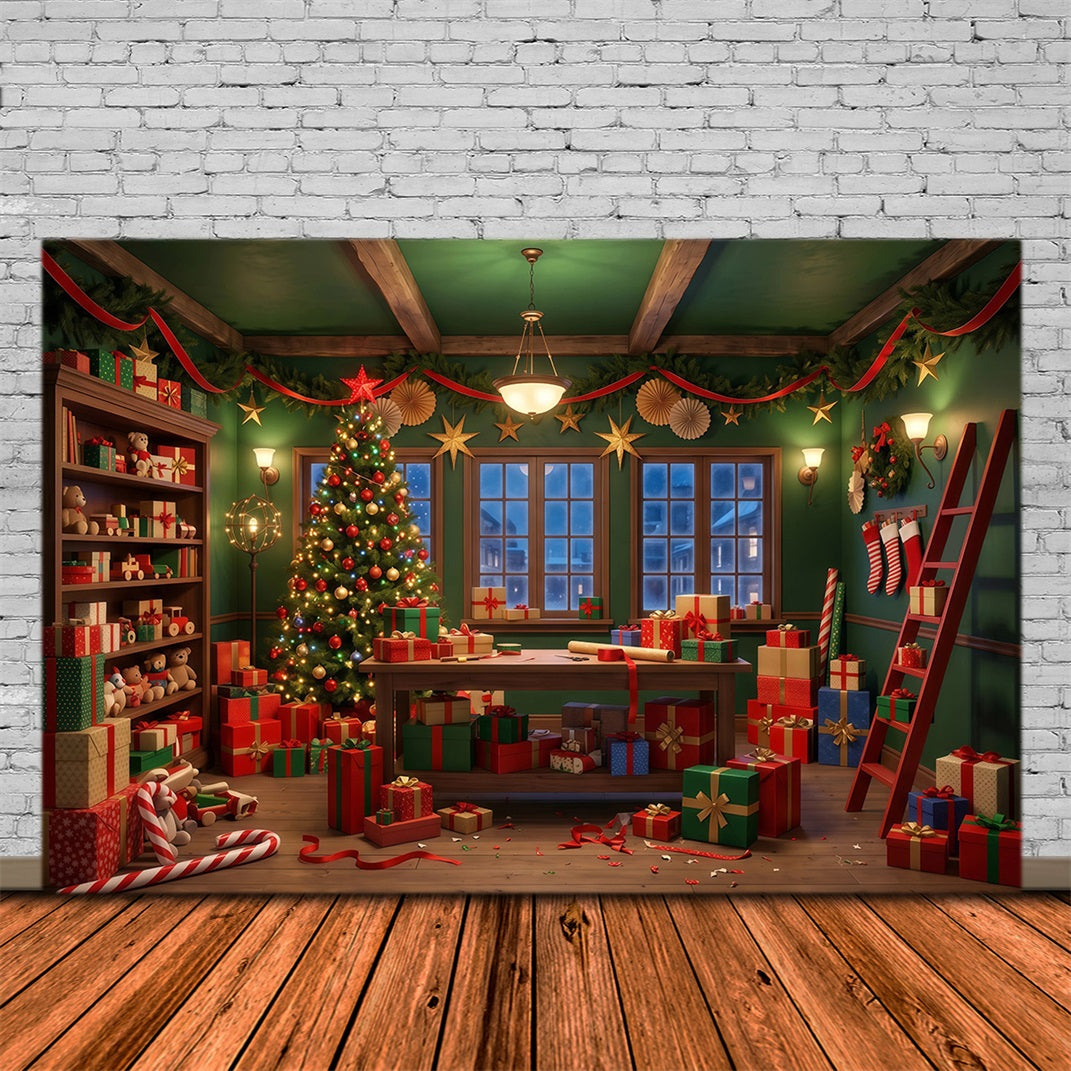 Santa Backdrop Festive Green Gift Workshop Christmas Backdrop RR610-52