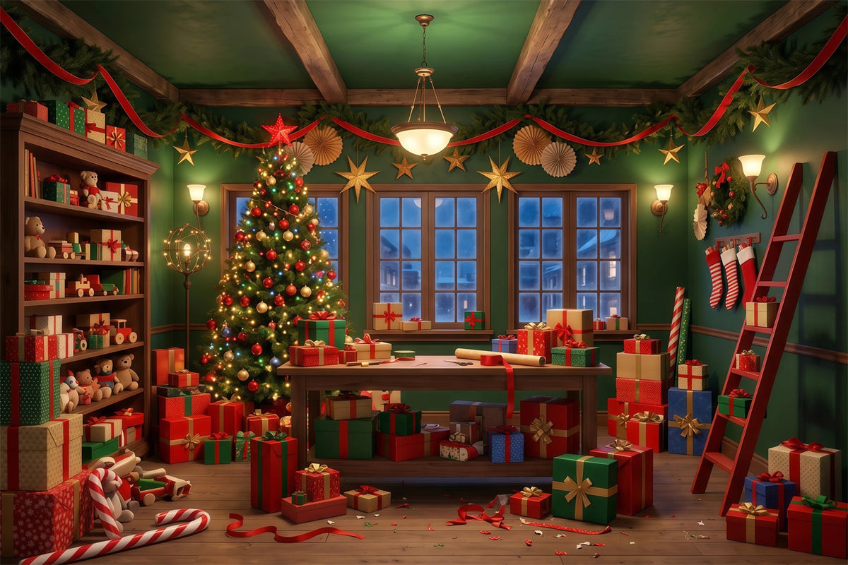 Santa Backdrop Festive Green Gift Workshop Christmas Backdrop RR610-52