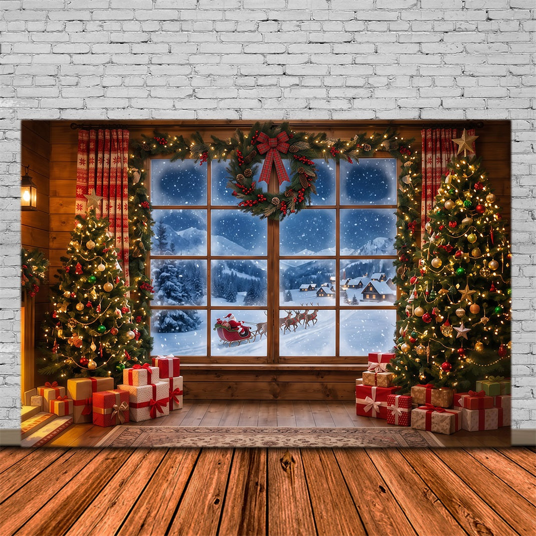 Santa Backdrop Snowy Window Forest Sleigh Christmas Backdrops RR610-53