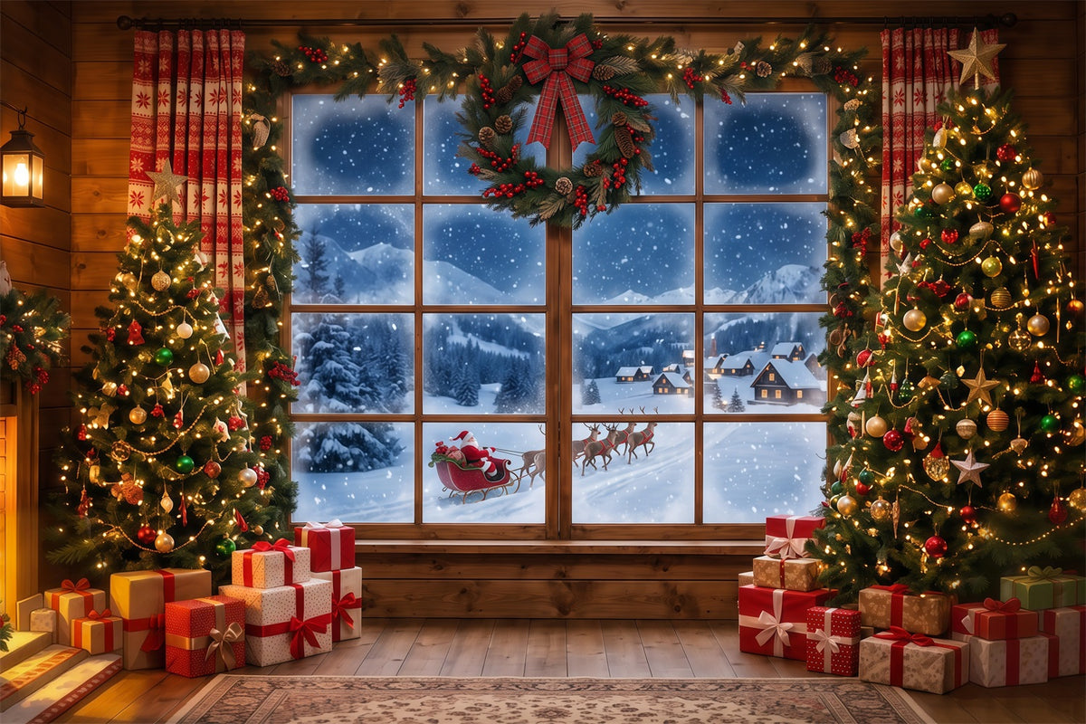 Santa Backdrop Snowy Window Forest Sleigh Christmas Backdrops RR610-53