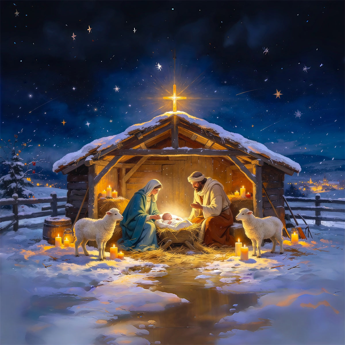 Nativity Scene Backdrop Starry Night Stable Gathering Christmas Photo Backdrops RR610-54