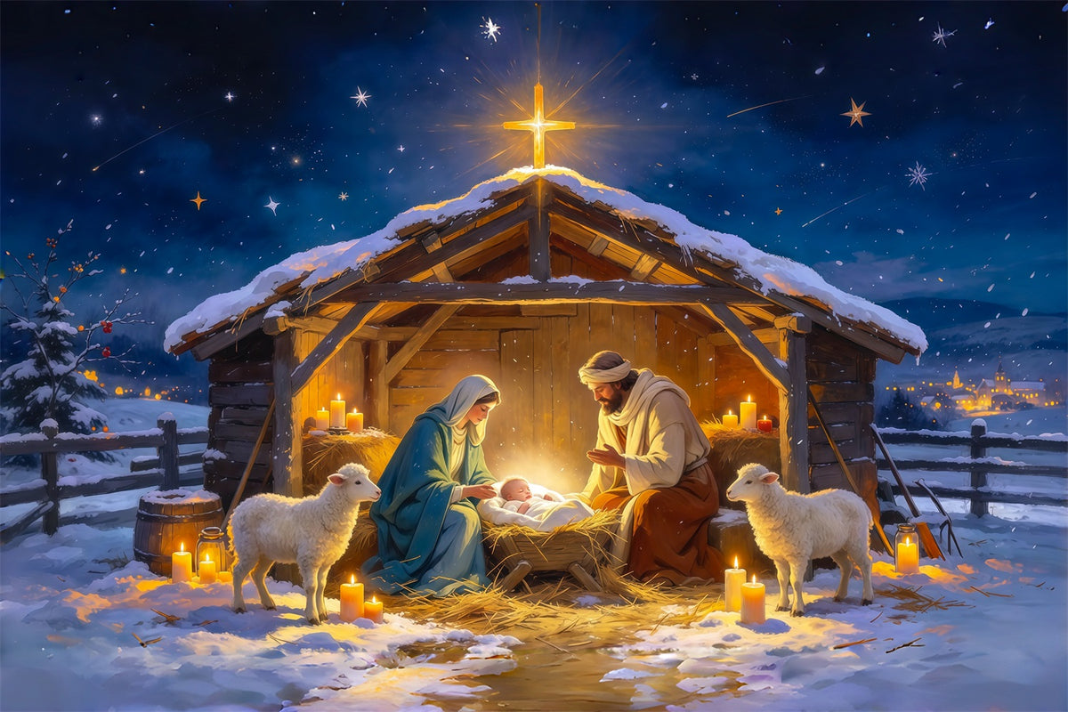 Nativity Scene Backdrop Starry Night Stable Gathering Christmas Photo Backdrops RR610-54