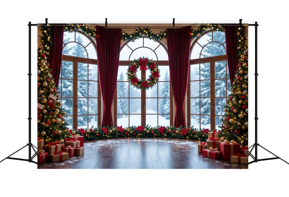 Christmas Backdrops Snowy Window Wreath Display Christmas Backdrop for Photos RR610-55