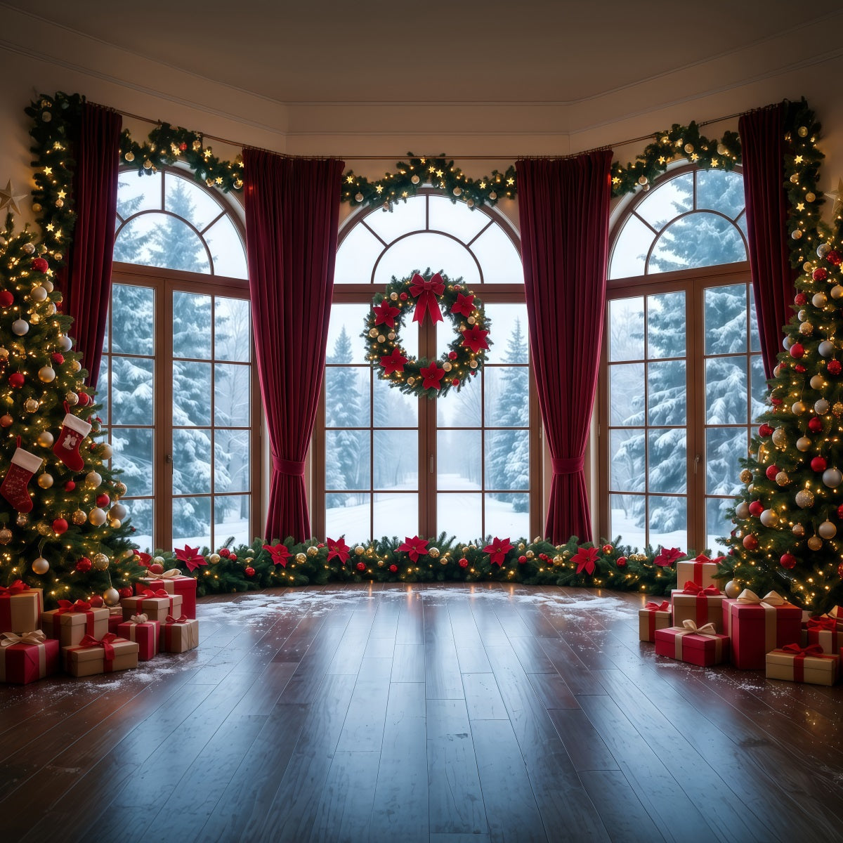Christmas Backdrops Snowy Window Wreath Display Christmas Backdrop for Photos RR610-55