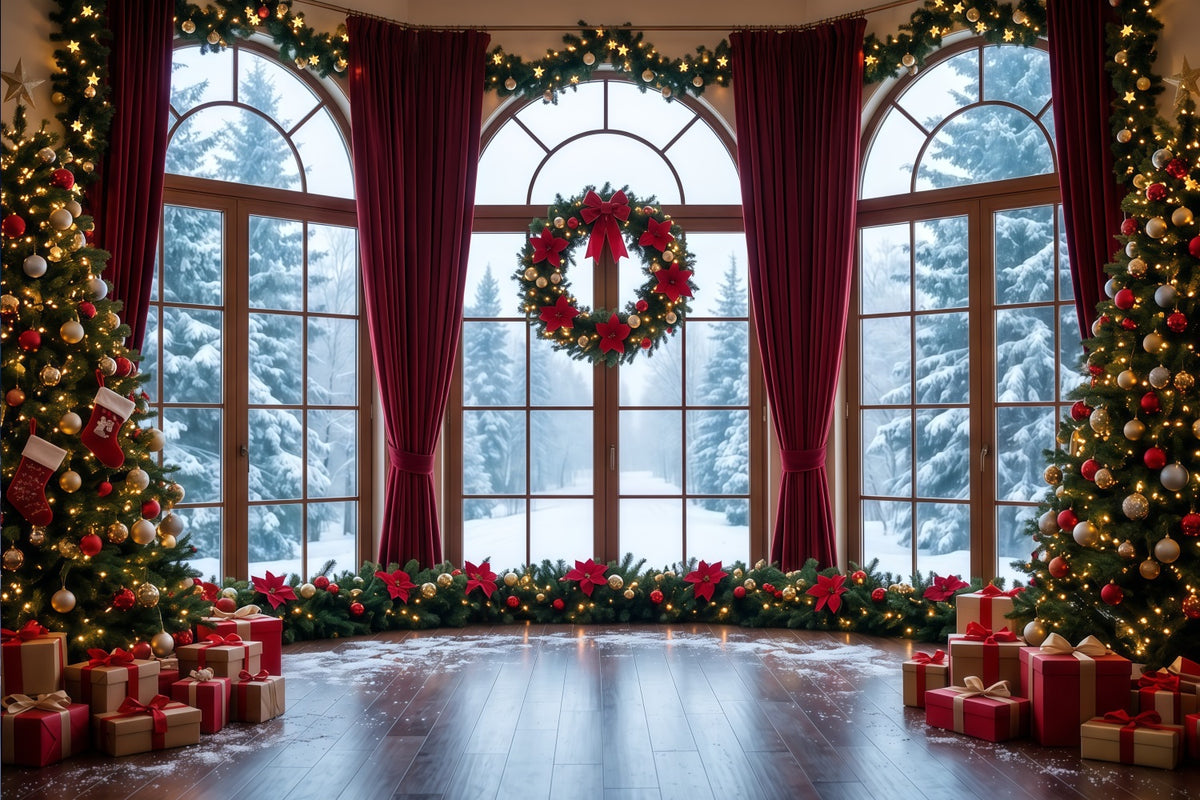 Christmas Backdrops Snowy Window Wreath Display Christmas Backdrop for Photos RR610-55
