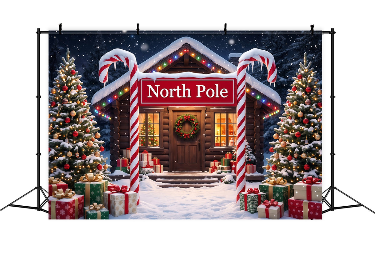 North Pole Photo Backdrop Candy Cane Snowy Cabin Professional Christmas Backdrop RR610-56