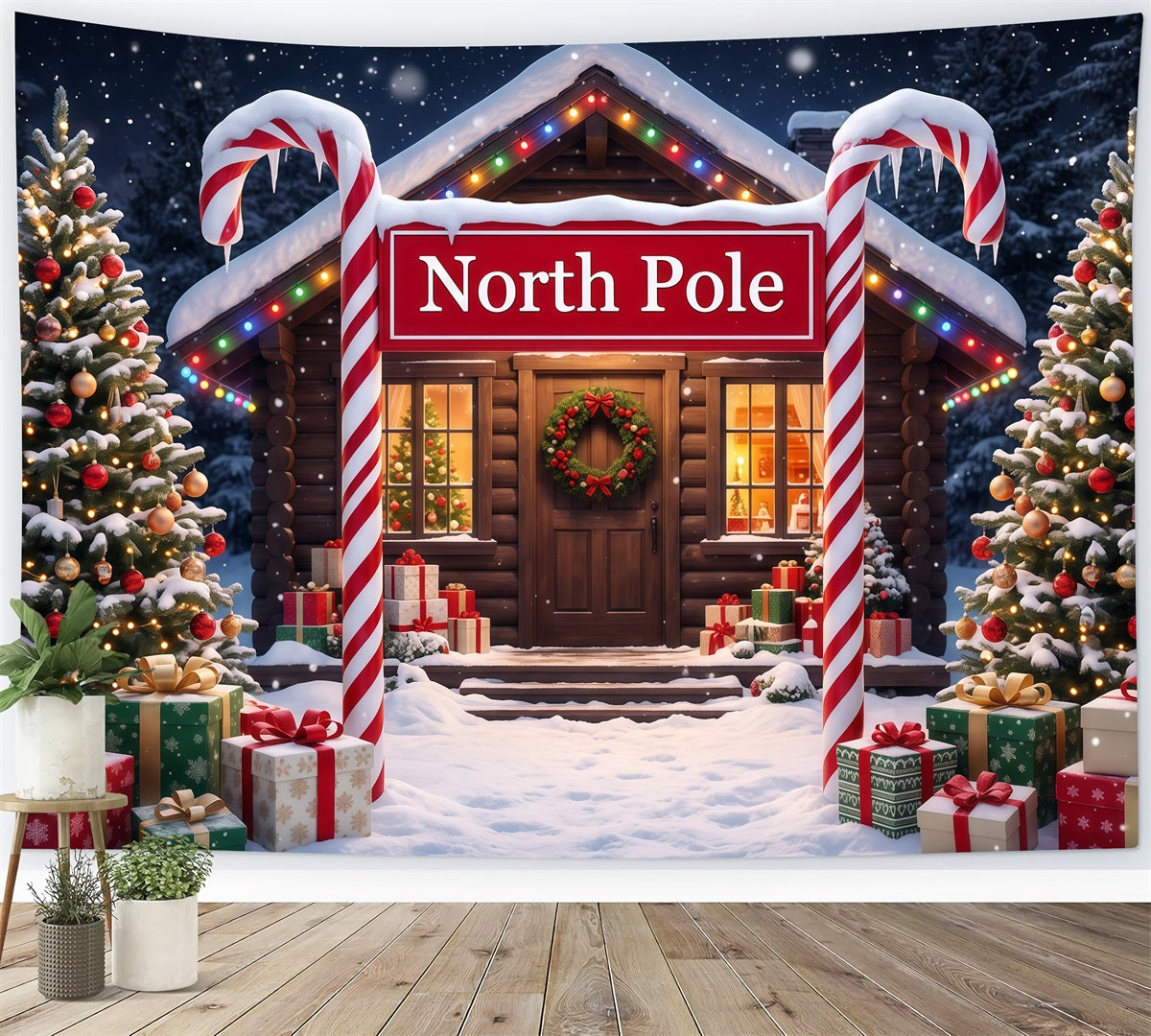 North Pole Photo Backdrop Candy Cane Snowy Cabin Professional Christmas Backdrop RR610-56