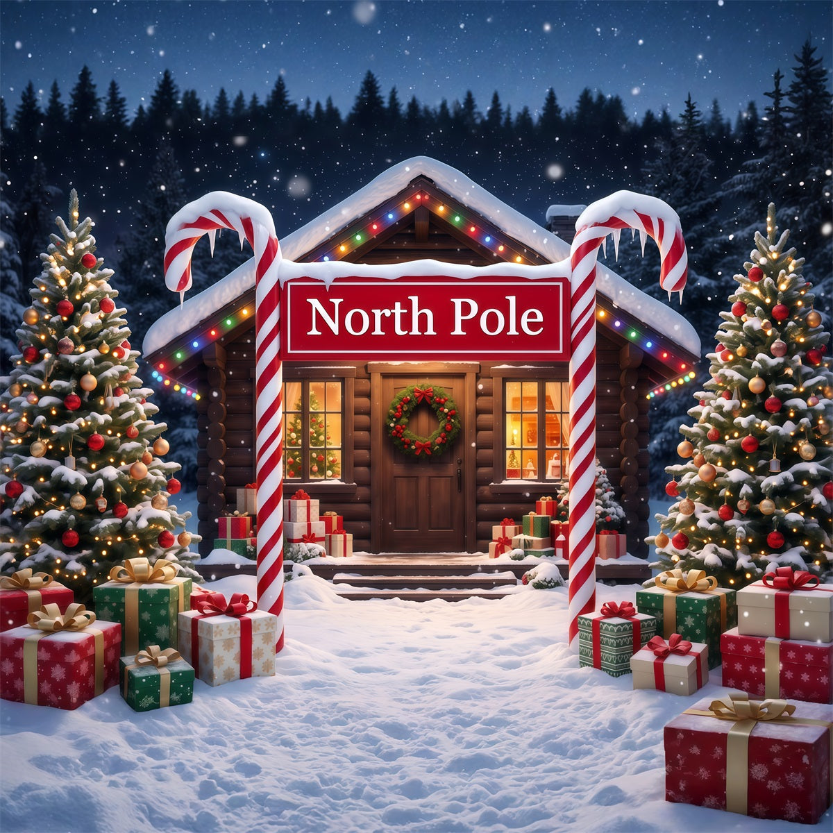 North Pole Photo Backdrop Candy Cane Snowy Cabin Professional Christmas Backdrop RR610-56