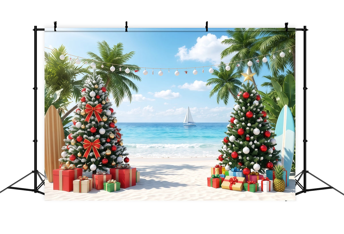 Tropical Christmas Backdrop Beach Sea Palm Trees Christmas Backdrops for Photos RR610-57