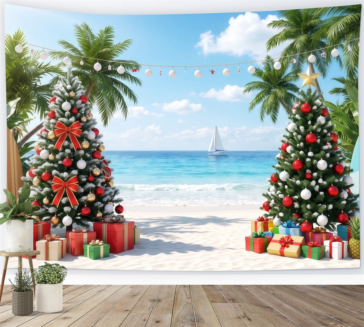 Tropical Christmas Backdrop Beach Sea Palm Trees Christmas Backdrops for Photos RR610-57