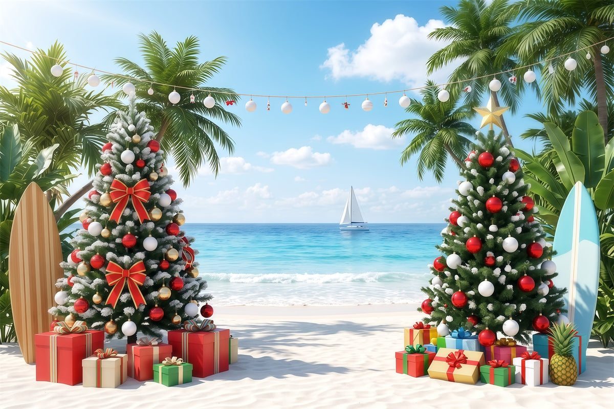 Tropical Christmas Backdrop Beach Sea Palm Trees Christmas Backdrops for Photos RR610-57