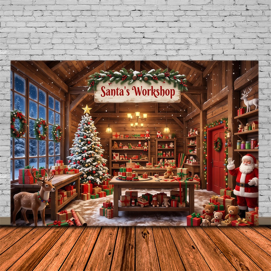 Santa Workshop Backdrop Rustic Cabin Interior Christmas Backdrops for Photography RR610-59