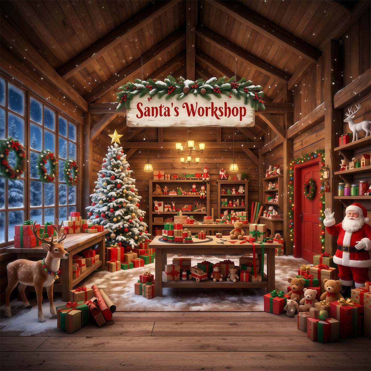 Santa Workshop Backdrop Rustic Cabin Interior Christmas Backdrops for Photography RR610-59
