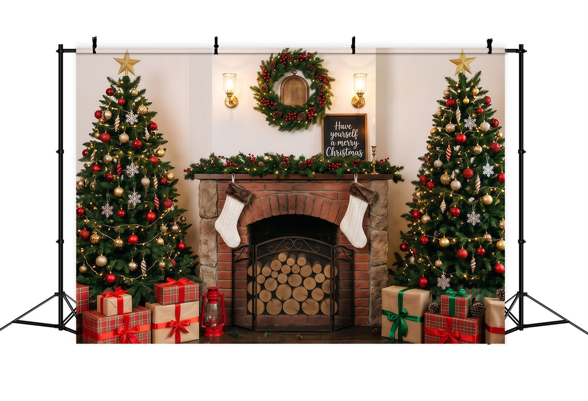 Christmas Backdrop For Photography Cozy Fireplace Tree Display Backdrops For Christmas RR610-6