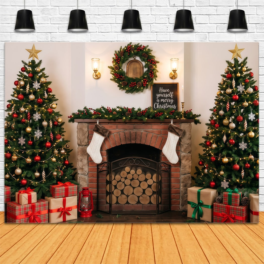 Christmas Backdrop For Photography Cozy Fireplace Tree Display Backdrops For Christmas RR610-6