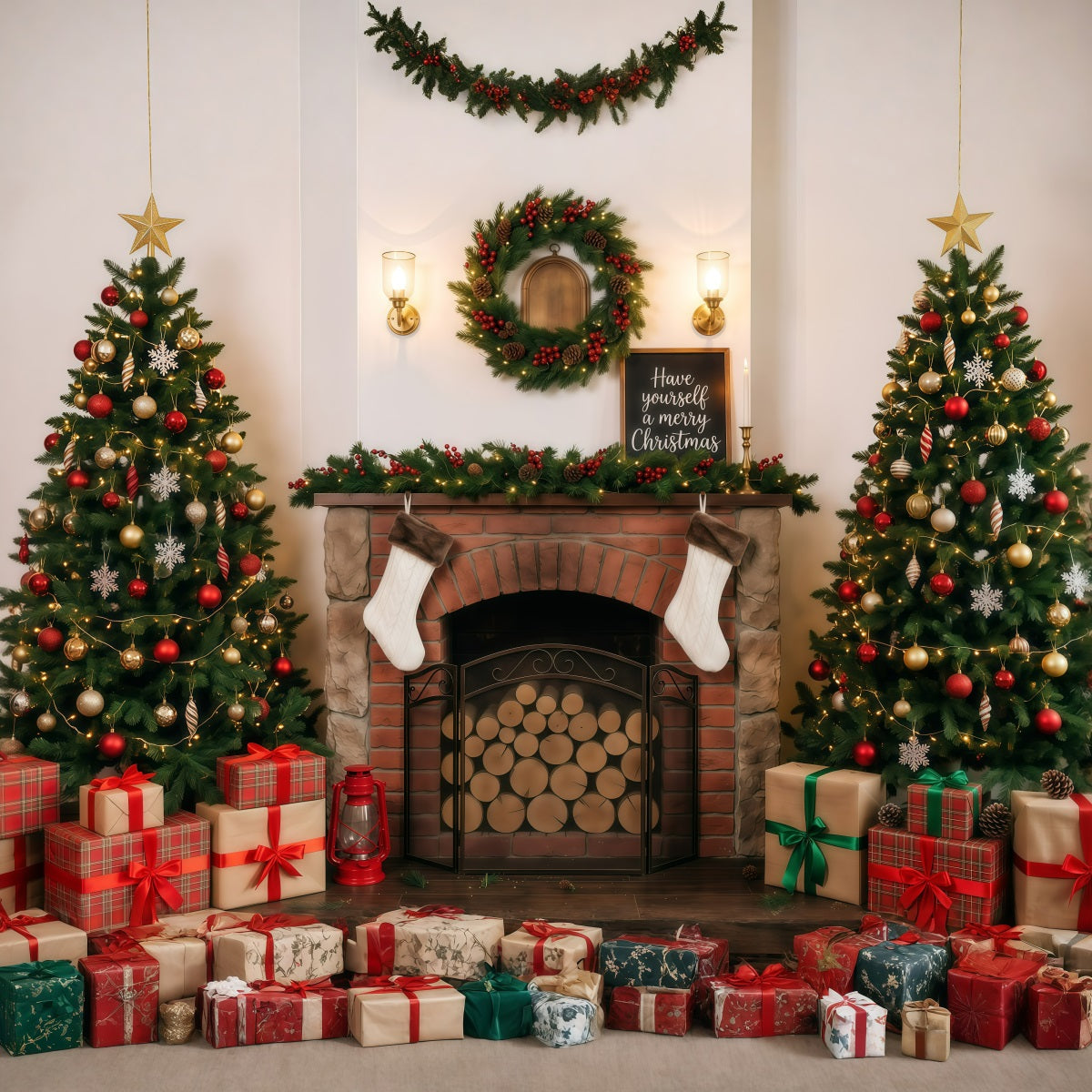 Christmas Backdrop For Photography Cozy Fireplace Tree Display Backdrops For Christmas RR610-6
