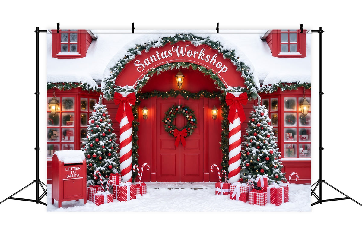 Santa's Workshop Backdrop Snowy Candy Cane Door Christmas Red Backdrop RR610-60