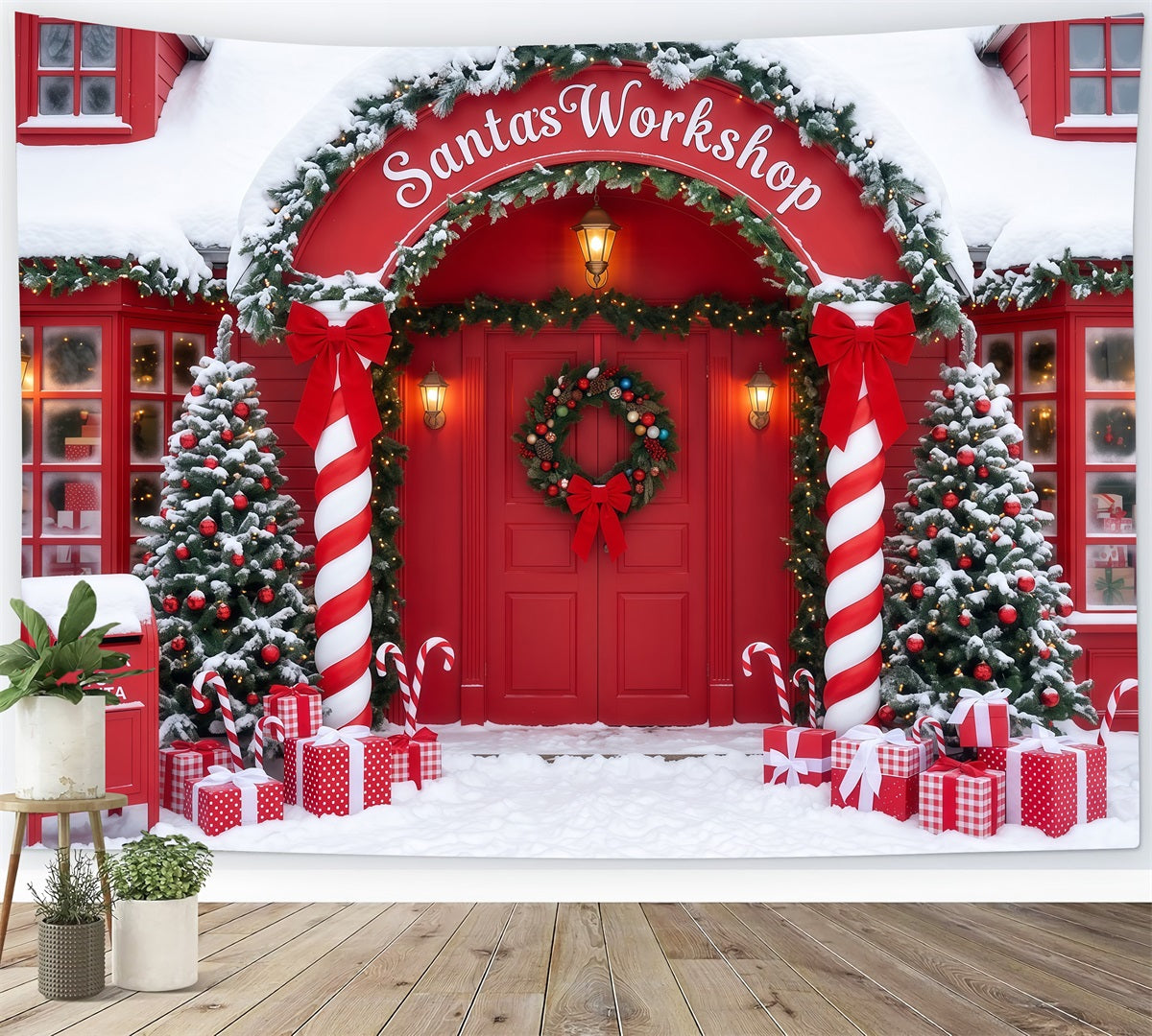 Santa's Workshop Backdrop Snowy Candy Cane Door Christmas Red Backdrop RR610-60