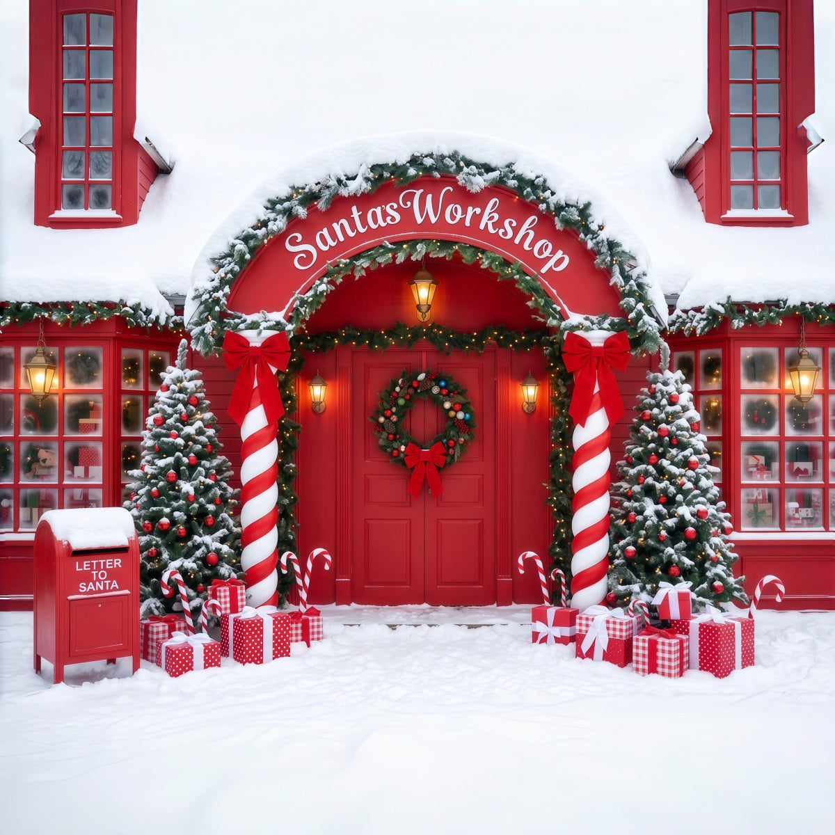 Santa's Workshop Backdrop Snowy Candy Cane Door Christmas Red Backdrop RR610-60