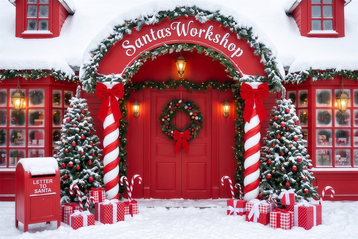 Santa's Workshop Backdrop Snowy Candy Cane Door Christmas Red Backdrop RR610-60