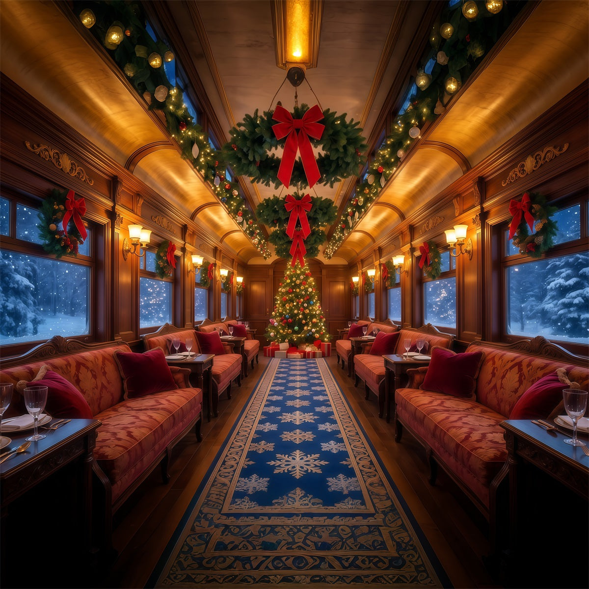 Christmas Backdrops for Photography Festive Train Lounge Christmas Photography Backdrop RR610-61