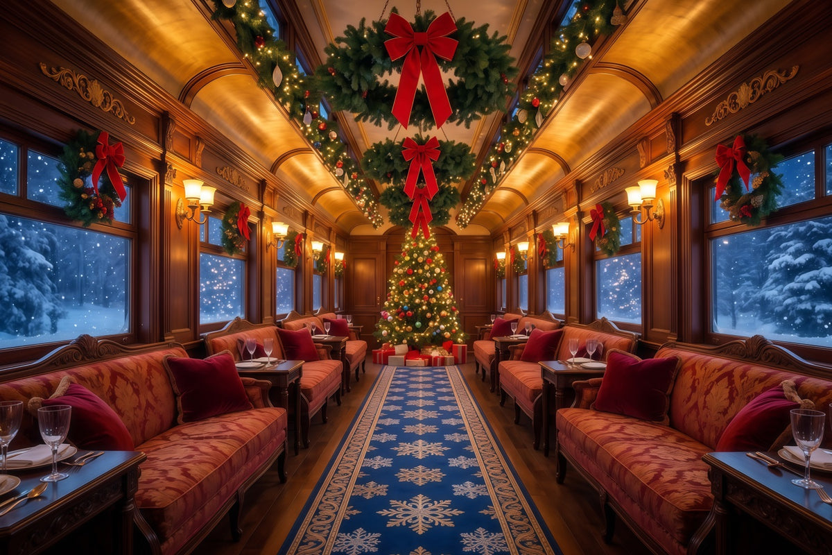 Christmas Backdrops for Photography Festive Train Lounge Christmas Photography Backdrop RR610-61