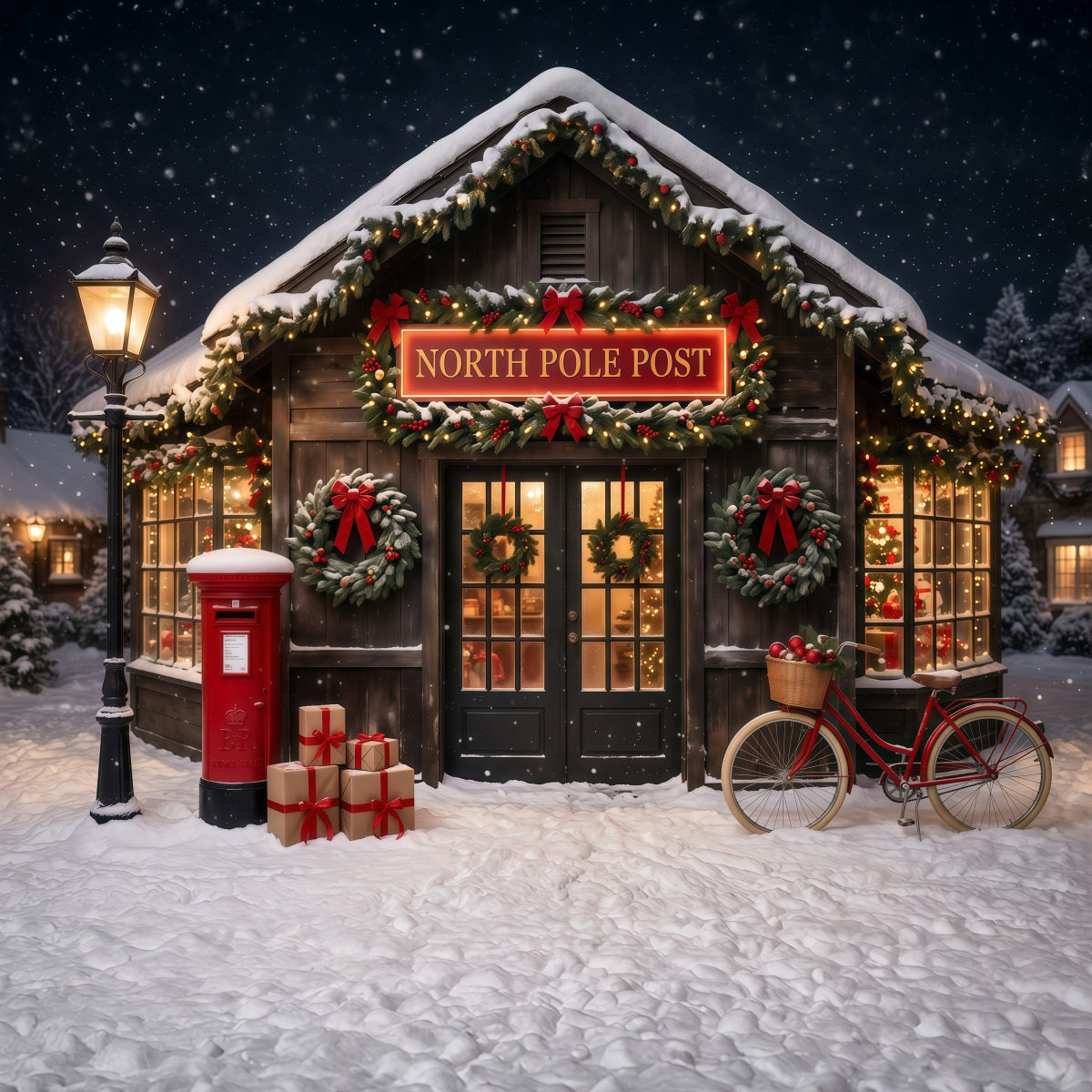 North Pole Photo Backdrop Snowy Post Office Christmas Photography Backdrops RR610-63