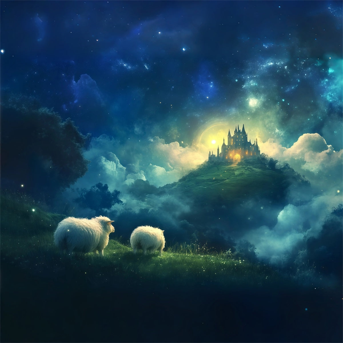 Nativity Scene Backdrop Enchanted Sky Castle Sheep Christmas Backdrop Photography RR610-65