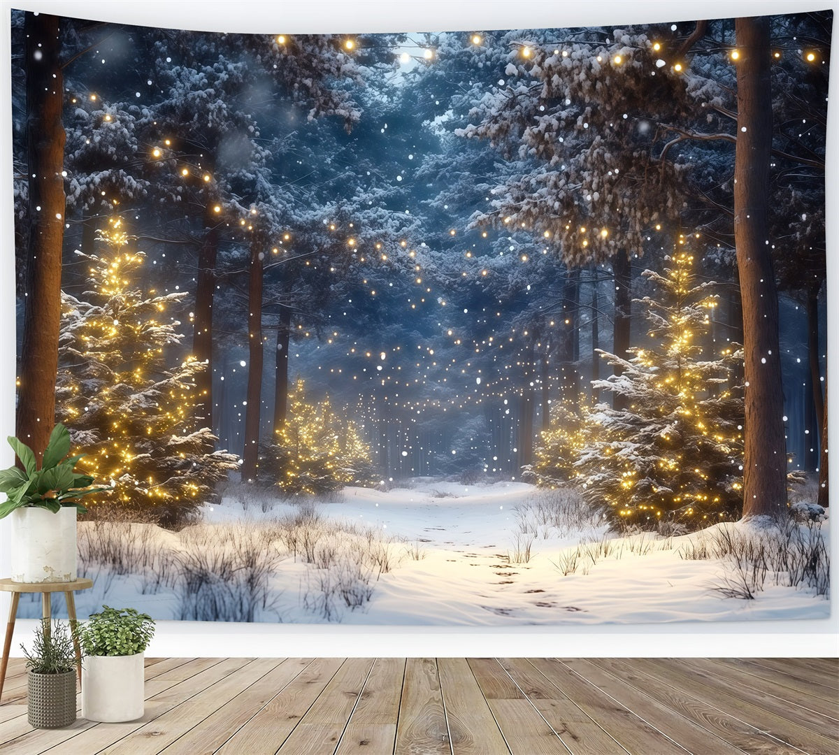 Christmas Tree Farm Backdrop Snowy Forest Golden Lights Christmas Tree Backdrops RR610-66
