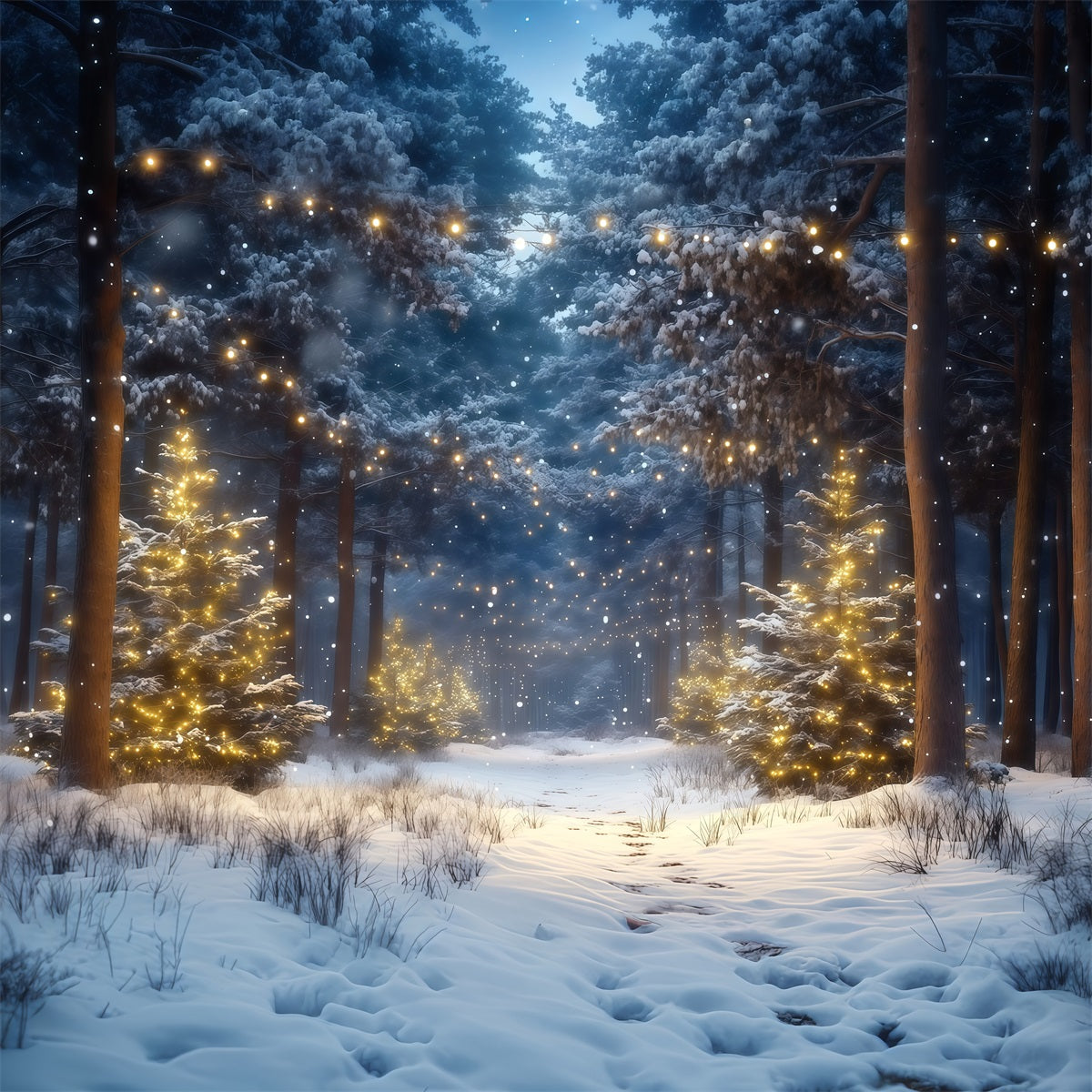 Christmas Tree Farm Backdrop Snowy Forest Golden Lights Christmas Tree Backdrops RR610-66