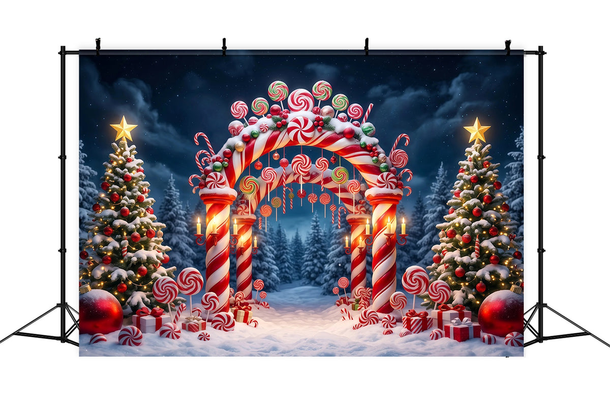 Christmas Candy Cane Backdrop Snowy Forest Candy Archway Christmas Party Backdrop RR610-68