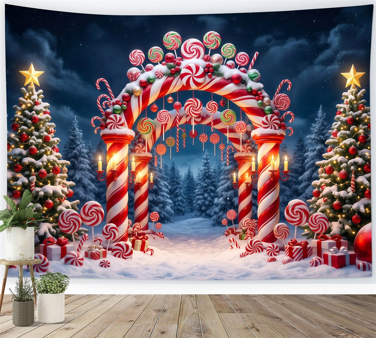 Christmas Candy Cane Backdrop Snowy Forest Candy Archway Christmas Party Backdrop RR610-68