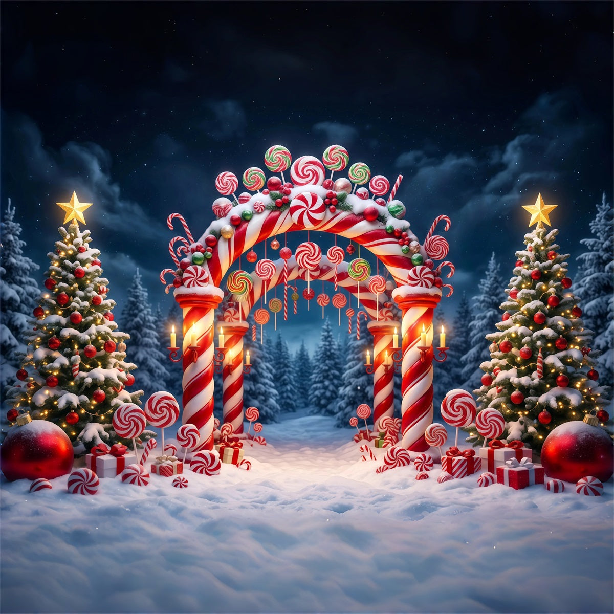 Christmas Candy Cane Backdrop Snowy Forest Candy Archway Christmas Party Backdrop RR610-68
