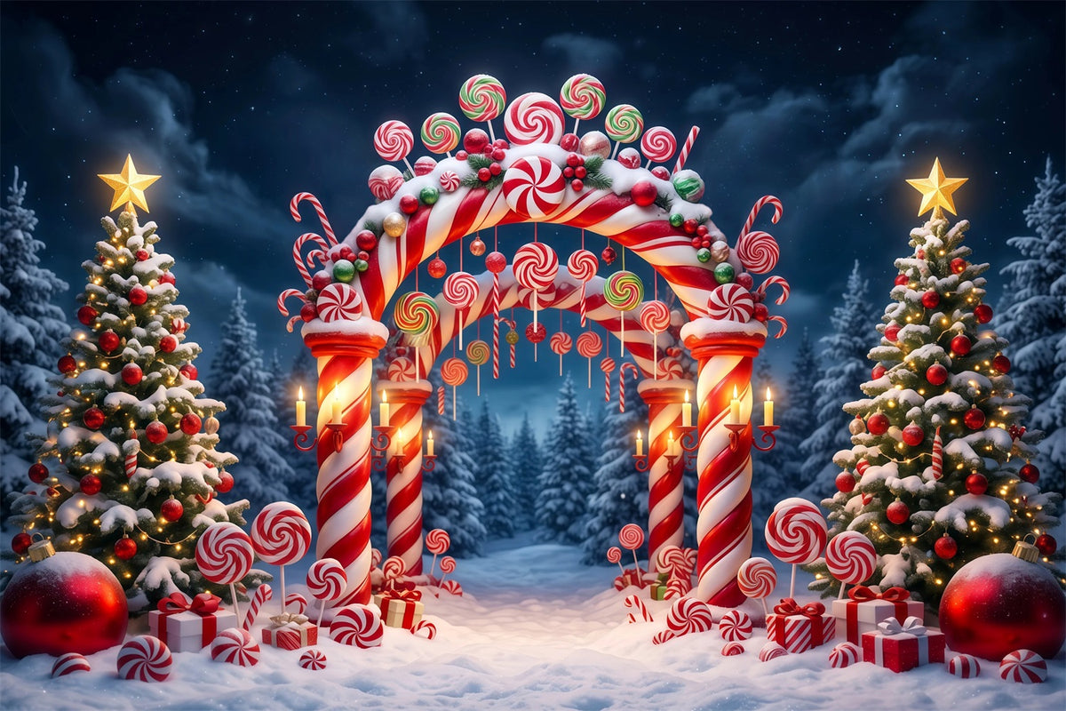 Christmas Candy Cane Backdrop Snowy Forest Candy Archway Christmas Party Backdrop RR610-68