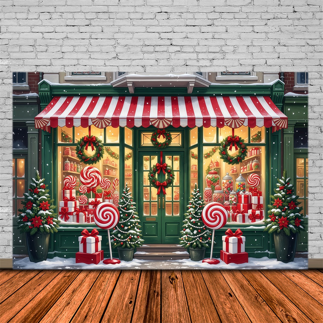 Christmas Candy Cane Backdrop Lollipop Candy Shopfront Merry Christmas Backdrop RR610-70